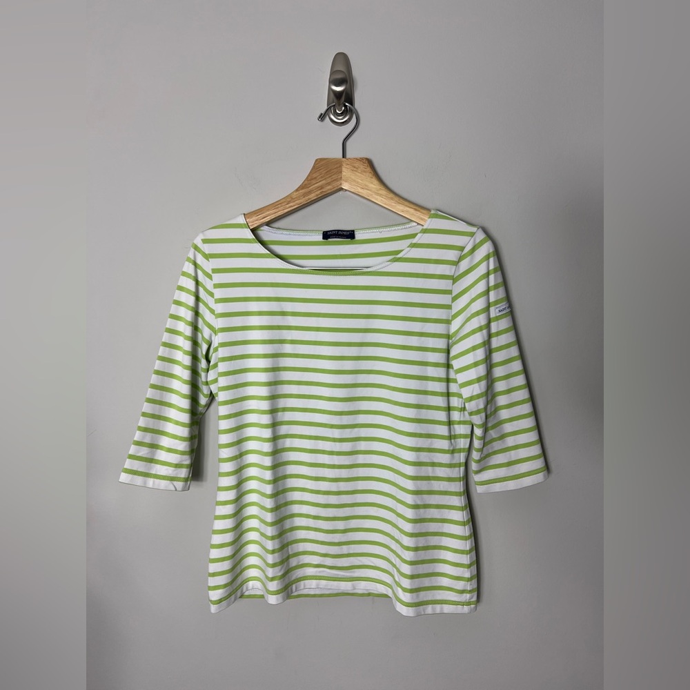 Saint James Striped Green 3/4 Sleeve Boatneck Stretch Top Shirt Size 12 253